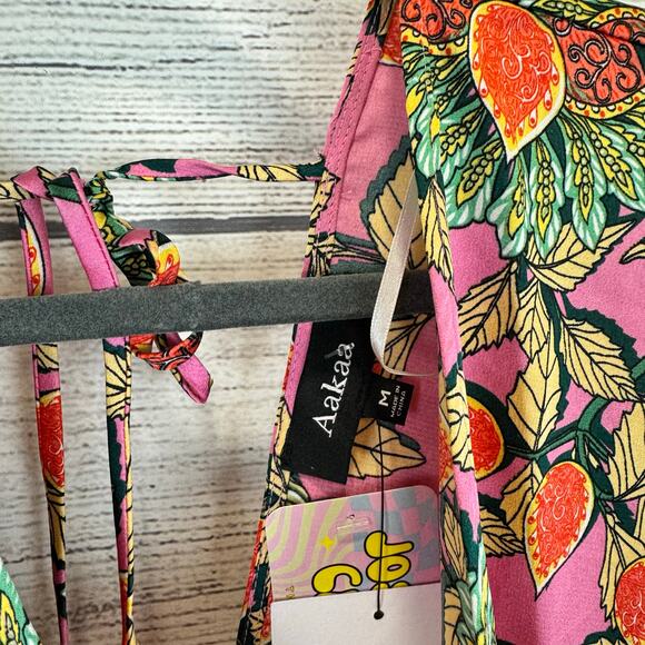 Aakaa Women's Pink Leaf Satin Dramatic Hem Long Sleeve Dress Size Medium - Picture 6 of 9